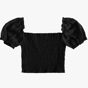 SweatyRocks Women's Puff Short Sleeve Square Neck Shirred Crop Top Black M